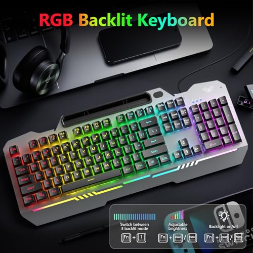 AULA Gaming Keyboard and Mouse,Wired 104-Key Mouse and Keyboard Combo Metal | Full Size Computer Keyboards with Number Pad,New Update Version,RGB Backlit Anti-Ghosting PC Keyboard for Laptop WinXP/7/8/10 - color: Black Keycaps + Silver Panel