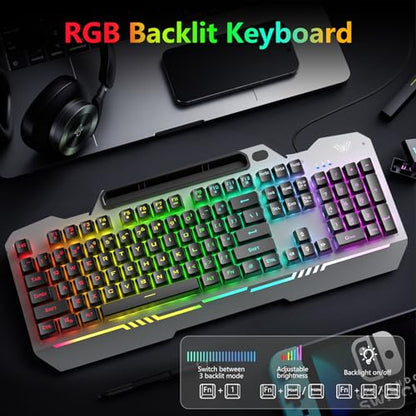 AULA Gaming Keyboard and Mouse,Wired 104-Key Mouse and Keyboard Combo Metal | Full Size Computer Keyboards with Number Pad,New Update Version,RGB Backlit Anti-Ghosting PC Keyboard for Laptop WinXP/7/8/10 - color: Black Keycaps + Silver Panel