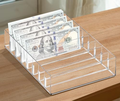 XUWAIDSGN Large Acrylic Cash Organizer 8 Section Clear Money Budget Tray Organizer Plastic Divider Bill Storage Holder for Cash Envelope (Clear)