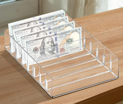 XUWAIDSGN Large Acrylic Cash Organizer 8 Section Clear Money Budget Tray Organizer Plastic Divider Bill Storage Holder for Cash Envelope (Clear)