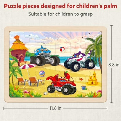 SYNARRY Large Wooden Monster Truck Puzzles for Kids Gift Box(12.2*9.4 in), 24 Piece Puzzles for Toddlers 3-5, Wood Jigsaw Puzzles for Kids Ages 4-6, Easter Basket Stuffers Gifts for Kids - style: Vehicle