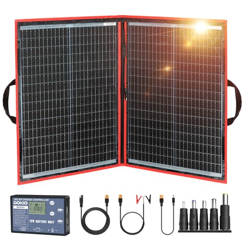 DOKIO 100W Portable Foldable Solar Panel Kit for 12V Battery Charging | Folds to 19 x 26 in and weighs 5.3 lb; includes controller and dual USB; for 12V batteries, power stations and camping.