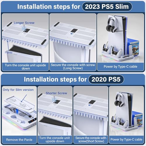 PS5/PS5 Slim Cooling Station, PS 5 Stand with Controller Charger for Playstation 5 Disc Console& Digital Console, for Playstation 5 Cooling Fan Accessories, LED,USB Hubs,Headset Holder,Games Slot