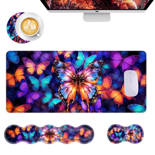 Mouse Pad,Large Desk Mat Set, 4in1 XL Mousepad + Keyboard Wrist Rest+Mouse Wrist Rest+Coaster with Ergonomic Desk Pad for Home Office Table Computer Cover -Colorful Butterfly - color: Colorful Butterfly