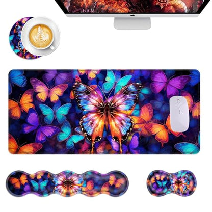 Mouse Pad,Large Desk Mat Set, 4in1 XL Mousepad + Keyboard Wrist Rest+Mouse Wrist Rest+Coaster with Ergonomic Desk Pad for Home Office Table Computer Cover -Colorful Butterfly - color: Colorful Butterfly
