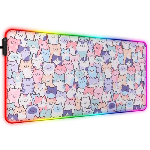 RGB Pink Cat Mouse Pad, Large LED Gaming Light Up Computer Mousepad, Long Glowing PC Laptop and Keyboard Office Desk Mat for Women - color: Rgb05