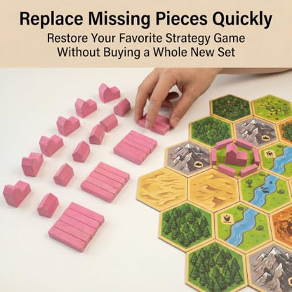 Replacement Pieces for Settlers of Catan – Roads, Settlements & Cities Set, Durable Game Tokens, Compatible with Catan Board Game Accessories, Game Pieces Plus Bonus Pieces (Pink) - color: Pink