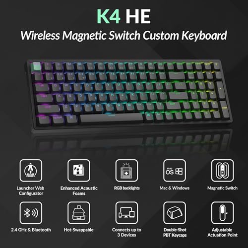 Keychron K4 HE 96% Wireless Hall Effect Keyboard with Number Pad, Rapid Trigger Magnetic Switches, QMK Launcher, 2.4GHz/Bluetooth/Wired, Mac & Windows, Aluminum Frame, Black (Shine-Through) - color: Standard Version Black