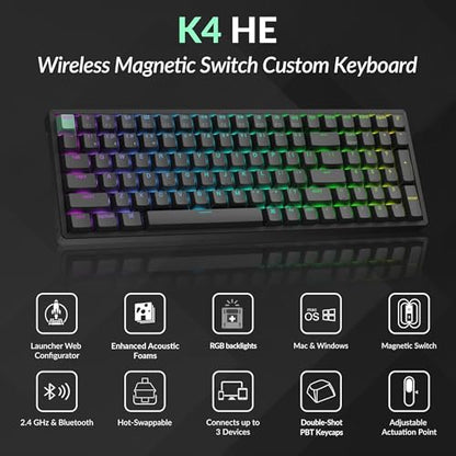Keychron K4 HE 96% Wireless Hall Effect Keyboard with Number Pad, Rapid Trigger Magnetic Switches, QMK Launcher, 2.4GHz/Bluetooth/Wired, Mac & Windows, Aluminum Frame, Black (Shine-Through) - color: Standard Version Black