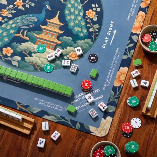 Foilswirl 1 Pcs Mahjong Table Mat Floral Peacock, 33" x 33" Green Chinoiserie Peacock Mahjong Mat Non-Slip Noise Reduction Carrying Bag for Poker Board Card Games Dominoes, Ships Rolled(Vintage) - style: Vintage