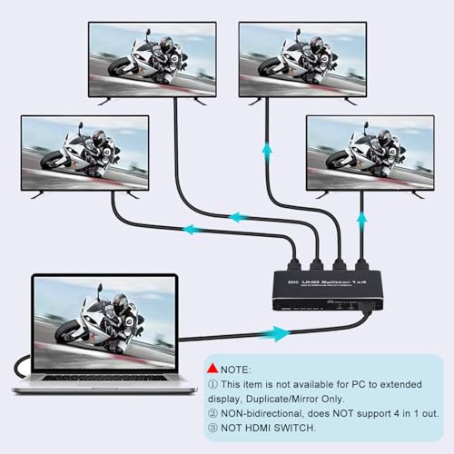 8K@60Hz HDMI Splitter 1 in 4 Out, 1x4 HDMI 2.1 Splitter Support 4K@120Hz, 1080P@240Hz VRR HDCP2.3 HDR 10, 48Gbps EDID Dolby Atmos 7.1ch - size: 1x4