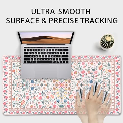 Pink Floral Large Gaming Mouse Pad Desk Mat 31.5"x15.7" | Extended Mousepad, Non-Slip Rubber Base , Stitched Edges, for Computer/Laptop/Office/Home - color: Pink Floral