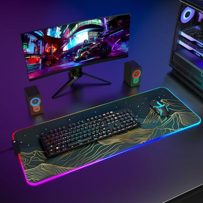 ITNRSIIET RGB Gaming Mouse Pad, Full Desk XL Extended Large Gaming Mousepad, 12 Lighting Modes 30% Thicker Big LED Desk Mat for Gamers, 32 x 12 inches, Starry Sky Mountain Moon - color: Starry Sky Mountain Moon