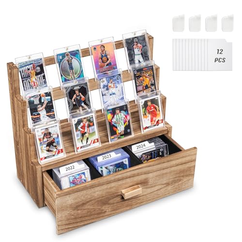 Emfogo Trading Card Display, 3-Tier Card Display Case with Custom Drawer, Wood Graded Card Display with Supporters and Dividers, Sports Card Display Case (Brown) - color: Rustic Brown