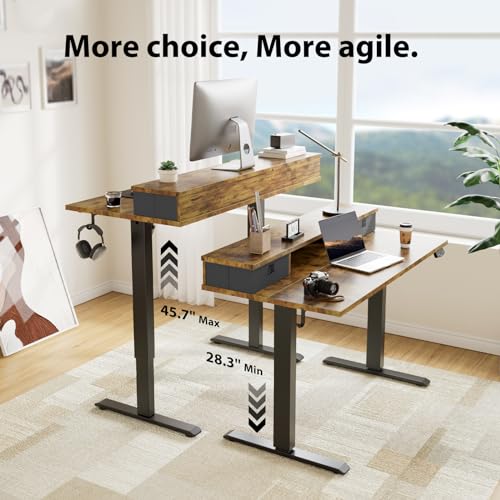 Agilestic 55 x 24 Inches Height Adjustable Electric Standing Desk with 2 Drawers, Stand Up Electric Desk Adjustable Height, Sit Stand Computer Gaming Table with Splice Board, Rustic Brown - color: Rustic Brown, size: 55 x 24 Inches with 2 drawers