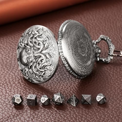 Mini DND Dice Set with Steampunk Double Eyed Octopus Pocket Watch Case, Tiny 7PCS Polyhedral Metal D&D Dice, DND Gifts with Gift Box, Role Playing Game Board Game Accessories Dice, Dark Silver - color: Dark Silver