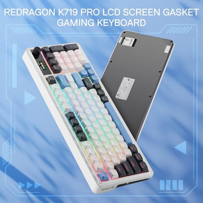 Redragon K719 Wireless Gasket Gaming Keyboard w/Hype Screen & Knob, 95 Keys Mechanical Keyboard, Easy-Control 1.14’’ TFT Info Display, 5-Layer Noise Dampener, Round PBT Keycaps, Mint Mambo Switch - color: Glacier Azure