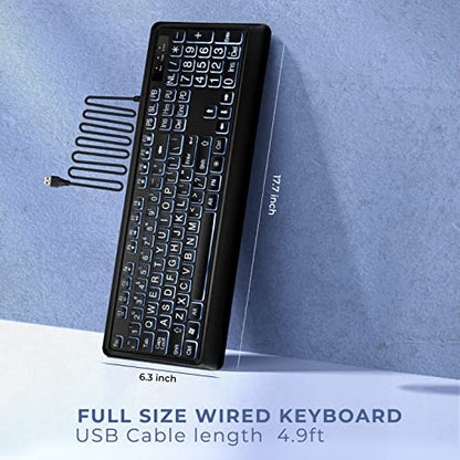 KOPJIPPOM Large Print Backlit Keyboard, USB Wired Computer Keyboard, Full Size Keyboard with White Illuminated LED Compatible for Windows Desktop, Laptop, PC, Gaming, Black