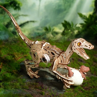 ROBOTIME Dinosaur 3D Wooden Puzzles, Velociraptor Model Kits can Walk, Mechanical Dinosaur STEM Toys, 3-D Puzzles Building Kit Gifts