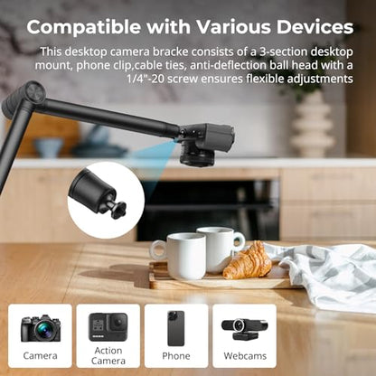 SmallRig Overhead 3-Section Desktop Camera Bracket, Damping Boom Arm Desk Mount with 360 Rotatable Ball Head, Tabletop C Clamp, Max Load to 4.4lbs / 2kg for Photography Videography Live Stream - style: Clamp 4324