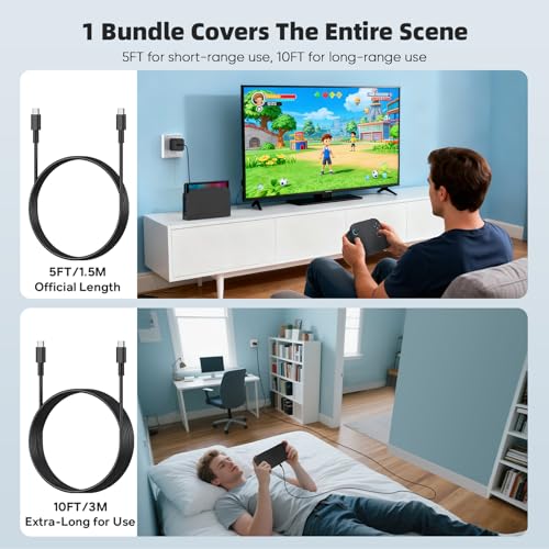(2 Pack) Switch 2 Charger with 5FT/10FT USB-C Cables, 60W PD3.0 Fast Charger for Nintendo Switch 2/1/OLED/Lite/Steam Deck, 4K TV Dock Ready AC Adapter, Works with USB-C Devices – Compact & Durable - size: 5FT &10FT