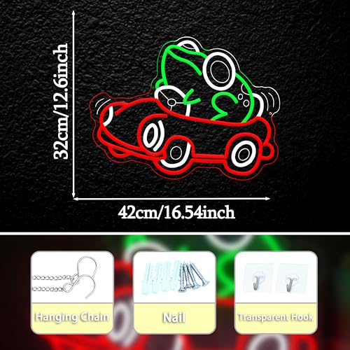 Frog Car Neon Sign Frog Driving Car Neon LED Light Cute Animal Toad Light Sign for Wall Decor Man Cave Game Room Playroom Zoo Party (12.6 * 16.54In) - style: Frog Car