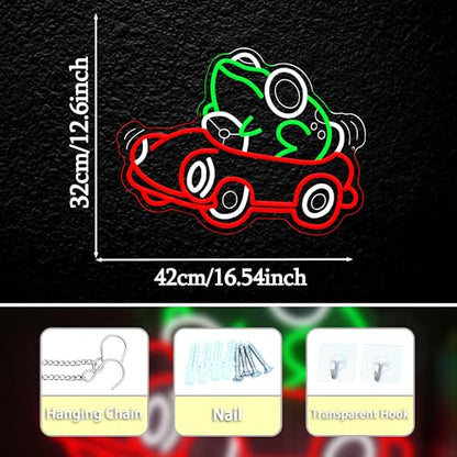 Frog Car Neon Sign Frog Driving Car Neon LED Light Cute Animal Toad Light Sign for Wall Decor Man Cave Game Room Playroom Zoo Party (12.6 * 16.54In) - style: Frog Car