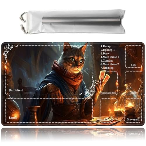 MTG Playmat with Play Zones & Storage Bag | 24 x 14 Inch Non Slip Rubber Game Mat for TCG Board Games,Dual Use Smooth Mouse Pad-Cat Playing Cards - color: Cat Playing Cards, size: With Zones