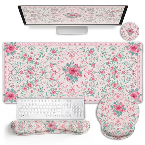 LIMKRIAN Pink Floral Desk Mat, Ergonomic Mouse Pad Set with Wrist Rest | Non-Slip PU Base, Stitched Edges, Keyboard Wrist Rest Ease Pain, Ideal For Office/Gaming, Cute Home Office Decor for Women - color: Bow Floral-pink