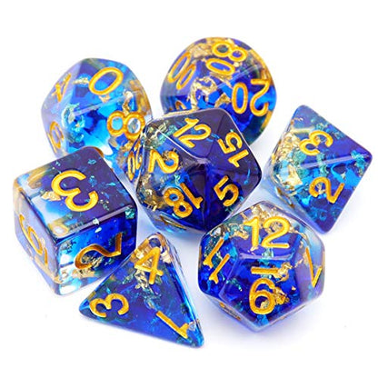 Haxtec DND Dice Set 7PCS Polyhedral D&D Dice for Roleplaying Games, Blue Clear Gold Foil Resin Dice with Velvet Pouch for Dungeons and Dragons, Great DND Gift for Gamers & DM Masters - color: Blue Clear