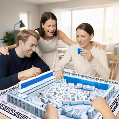 Blue Mahjong Mat for Table 31.5" x 31.5", Neoprene American Mahjong Table Mat with Rules Print, Non Slip Waterproof Mahjong Mat with Carry Bag for Mahjong, Poker & Board Games