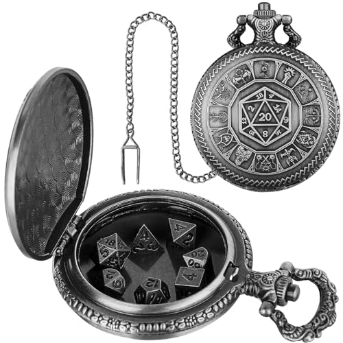 Keller & Weber Mini DND Dice Set, Center Number Dice Pocket Watch Case, 7 Pieces Polyhedral Metal D&D Dice, DND Gift with Gift Box, Role Playing Board Game Accessories, Dark Silver - color: Dark Silver