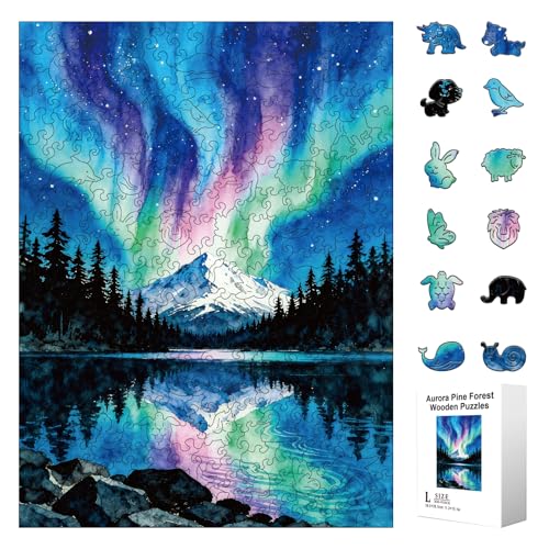 300pcs Wooden Puzzles for Adults Unique Animal Shaped Pieces | Colorful Funny Jigsaw Puzzle Challenging Brain Teaser for Family Game Birthday Gift Home Decor (Arctic Aurora Pine Forest) - color: Aurora Pine Forest