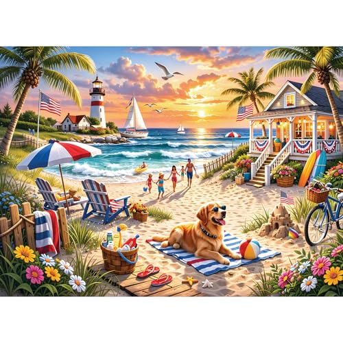500 Piece Puzzles for Adults, Beach Sunset Jigsaw Puzzles 500 Pieces | Puppy Animal Puzzles for Adults 500 Pieces, Summer Vacation Nature Jigsaw Puzzle for Adult Seniors, Toy Game Gift Activity - color: Beach Puppy