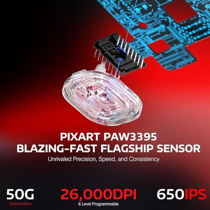 ATTACK SHARK X3 Wireless Gaming Mouse, 49g Bluetooth/2.4G/USB-C Ergonomic Computer Mouse, PAW3395 26K DPI Sensor, 200h Battery Life, Programmable Buttons Griptape, Gaming Accessories for PC/Laptop/Mac - color: Red & Griptape