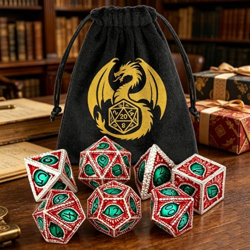 Metal Dice Set, Dragon Eye Theme, 7pcs Polyhedral Metal DND Dice Set, DND Starter Set, D&D Gifts with Gift Bag, Role Playing Board Games Accessories, Silver Red Green - color: Silver Red Green With Gift Bag