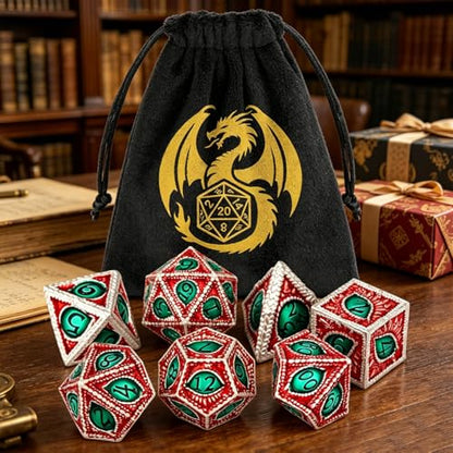 Metal Dice Set, Dragon Eye Theme, 7pcs Polyhedral Metal DND Dice Set, DND Starter Set, D&D Gifts with Gift Bag, Role Playing Board Games Accessories, Silver Red Green - color: Silver Red Green With Gift Bag