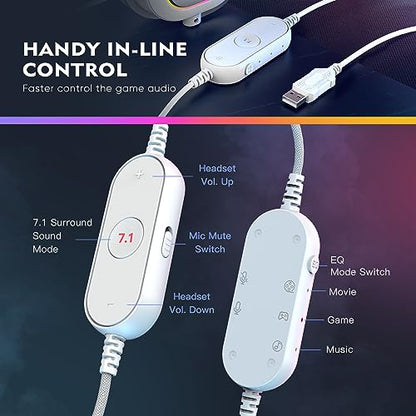 FIFINE H6W USB Gaming Headset,Wired Headphones with Mic for PC/Laptop/PS5 | Tuned 50mm Drivers, 7.1 Surround Sound, 3 EQ Modes, Soft Earmuff, Vibrant RGB, Handy In-line Control, for gaming/streaming - color: White