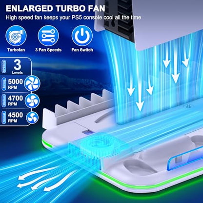 PS5/Slim/Pro Stand and Cooling Station with Controller Charging Station for Digital/Disc, PS5 Accessories Incl. 3 Levels Cooling Fan, LED Light, 15 Game Storage, Headset Holder for Playsation 5 White