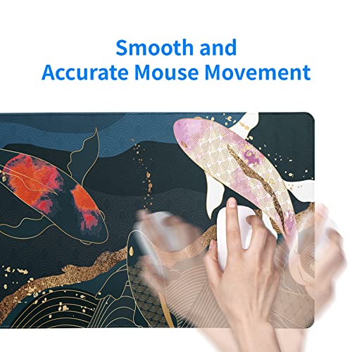 Japanese Gaming Mouse Pad XL - Extended Large Mouse Mat Desk Pad, Stitched Edges Mousepad, 3mm Thick Long Non-Slip Rubber Base Mice Pad, 31.5 X 11.8 Inch - Koi Fish Art - color: Koi Fish