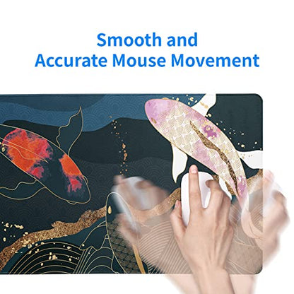Japanese Gaming Mouse Pad XL - Extended Large Mouse Mat Desk Pad, Stitched Edges Mousepad, 3mm Thick Long Non-Slip Rubber Base Mice Pad, 31.5 X 11.8 Inch - Koi Fish Art - color: Koi Fish
