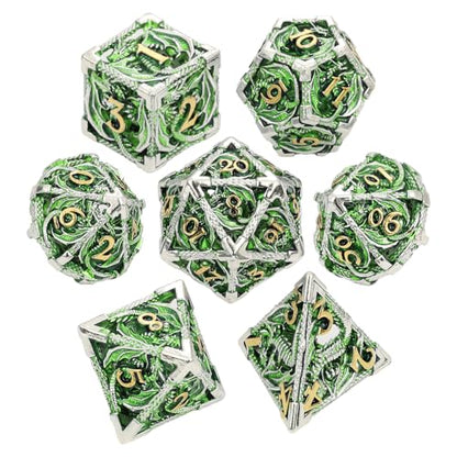 MoKo Dragon Hollow Metal DND Dice Set, Green+Gold | 7 Pcs Polyhedral, D20 D12 D10 D8 D6 D4, For Dungeons and Dragons RPG Games, With Gift Box - color: 4 - Green+gold