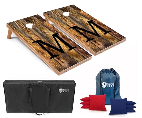Tailgating Pros Monogrammed Honey Cornhole Boards w/Ring Lights - 4'x2' Lightweight Cornhole Game- Includes LED Rings, Carrying Case, Set of 8 Corn Hole Bags & Tote - color: M
