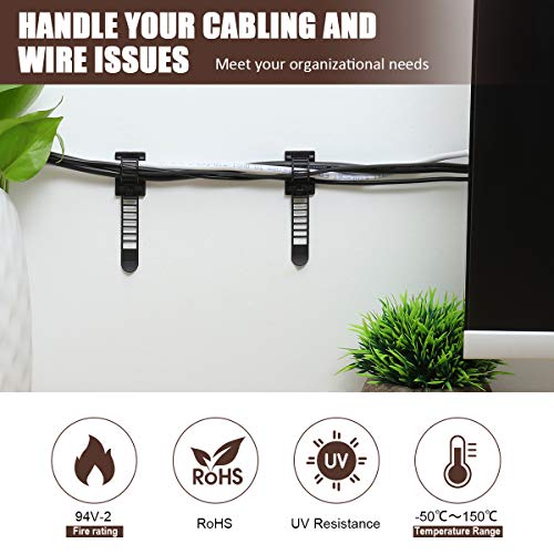 100Pcs Adhesive Cable Management Clips with 50Pcs Zip Ties, Adjustable Nylon Cable Strap Ties Wire Clips Clamps Organizer, Extra Screw & Hole - 3.35 Inch Black - color: Black, size: M-100pcs