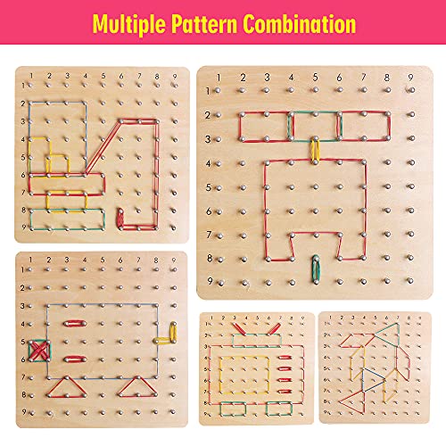 Wooden Geoboards - Montessori STEM Toy with Pattern Cards for Kids Ages 3+ | Pattern Cards & Rubber Bands, Geometric Shape Learning, Classroom STEM Tool, Brain Teaser Gift - size: 7.9*7.9 in