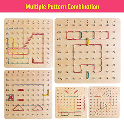 Wooden Geoboards - Montessori STEM Toy with Pattern Cards for Kids Ages 3+ | Pattern Cards & Rubber Bands, Geometric Shape Learning, Classroom STEM Tool, Brain Teaser Gift - size: 7.9*7.9 in