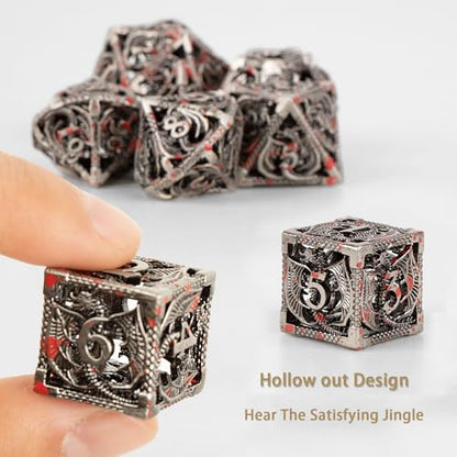 7PCS DND Dice Set, Premium Hollow Metal Polyhedral Dice with Treasure Chest & Dice Bag, Gift for Men & Women, Dungeons and Dragons, TTRPG RPG Tabletop Games (Antique Silver Red Speckles) - color: Antiquesilver-redspeckles