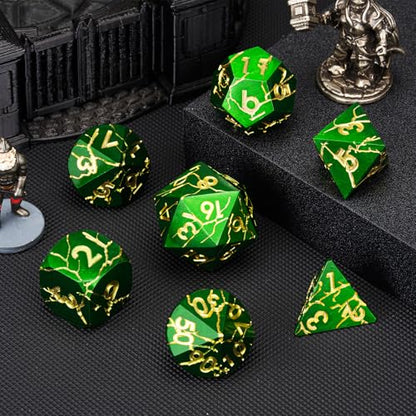 DND Dice Set Metal,Polyhedral D&D Metallic Heterotypic D and D Dice with Cracks for Dungeons and Dragons RPG TTRPG 7-Die Set with Gift Case (Crack, Green and Gold) - color: Green and Gold