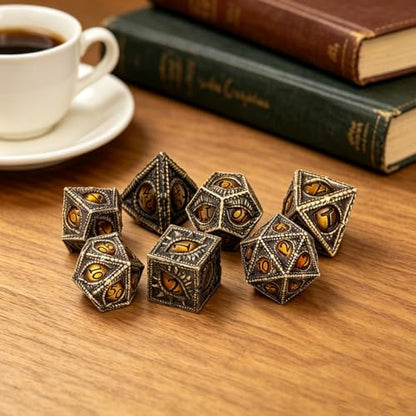 Metal Dice Set, Dragon Eye Theme, 7pcs Polyhedral Metal DND Dice Set, DND Starter Set, D&D Gifts with Gift Box, Role Playing Board Games Accessories, Bronze Amber - color: Bronze Amber With Gift Box
