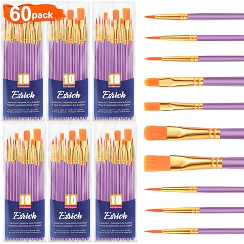 ESRICH Paint Brush Set,6 Packs 60 Pcs Nylon Hair Paint Brushes for Acrylic Painting,Artist Paintbrushes for Acrylic,Oil,Watercolor Painting,Face Nail Art,Paint Brushes for Kids,Purple - color: Purple, size: 60
